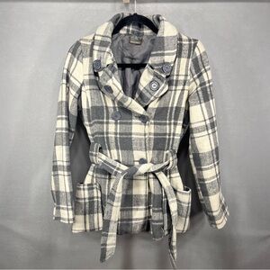 JouJou Womens Peacoat XS Grey Plaid Wool Blend Tie Waist